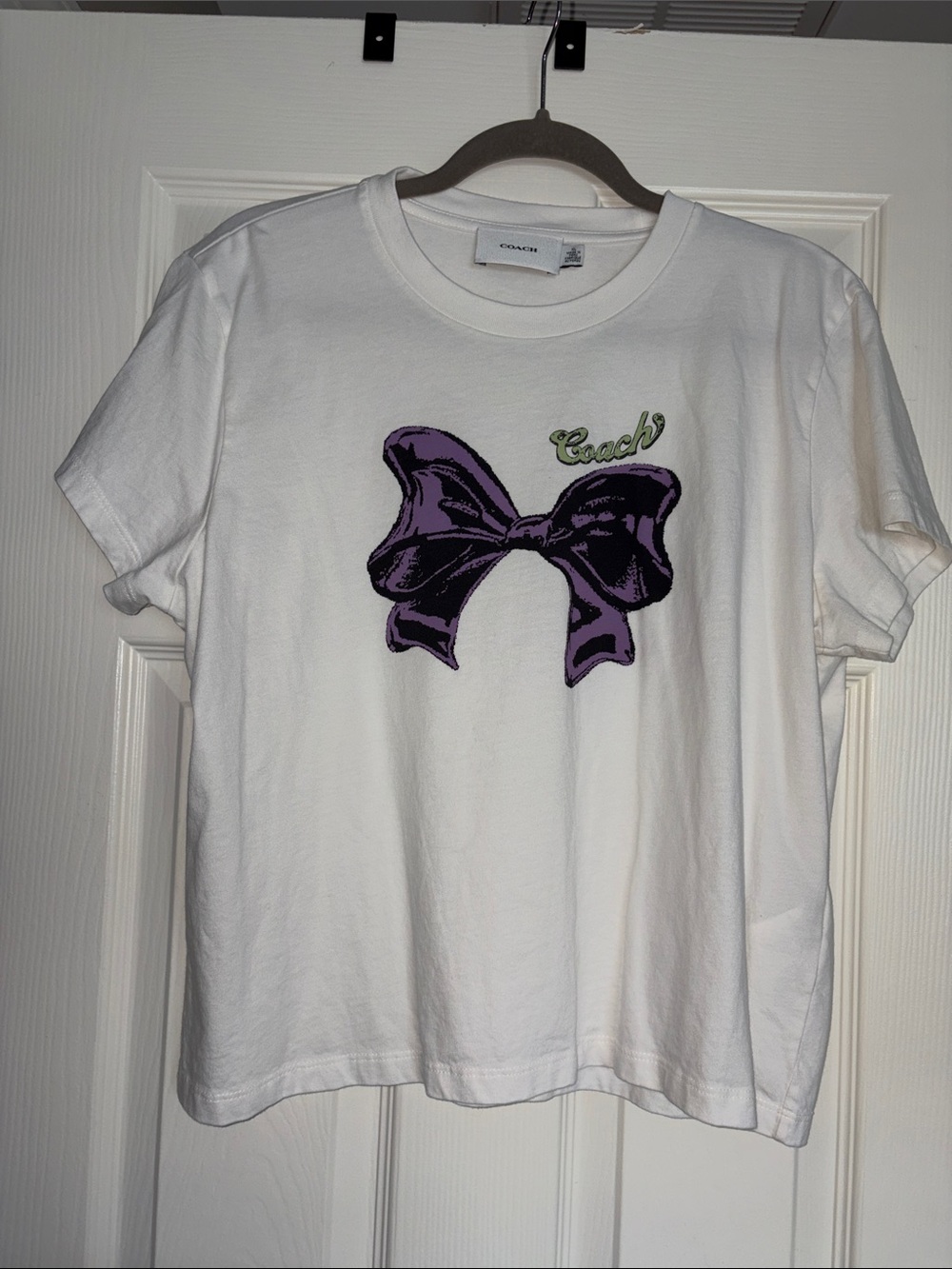 Coach cropped White Tee with Purple Bow Graphic XL